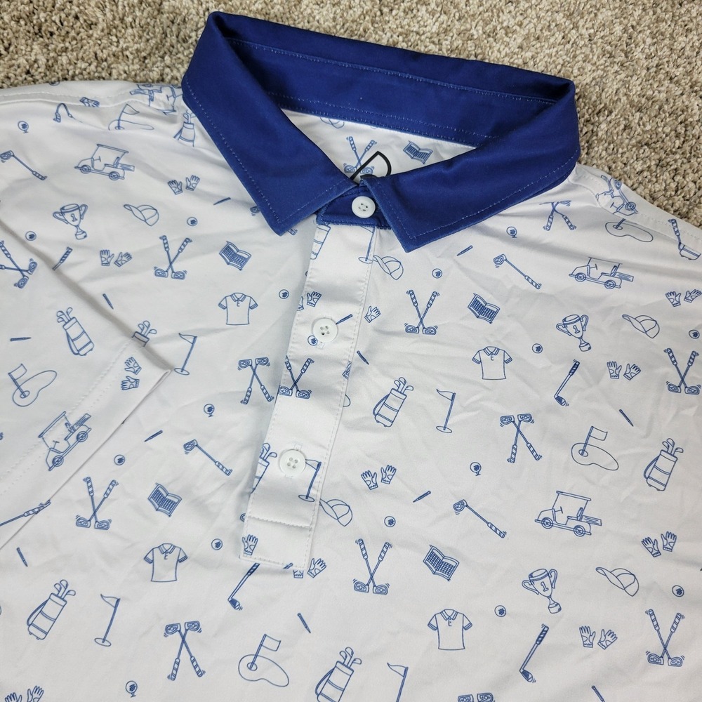 Deolax Mens XL White AOP Golf Performance Stretch‎ Polo Short Sleeve